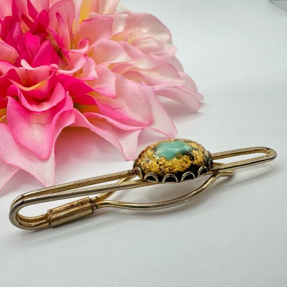 Vintage Gold Flake Turquoise Chip Tie Clip Unique Southwestern Retro Unsigned - Picture 6 of 11